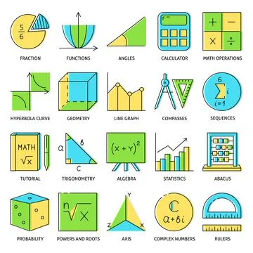 Math icon set in colored line style Illustrazione stock