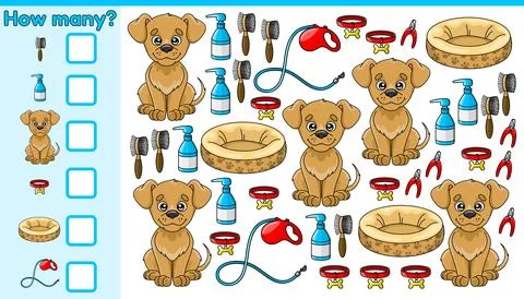 Math kids game how many puppy and dog accessories Illustrazione stock
