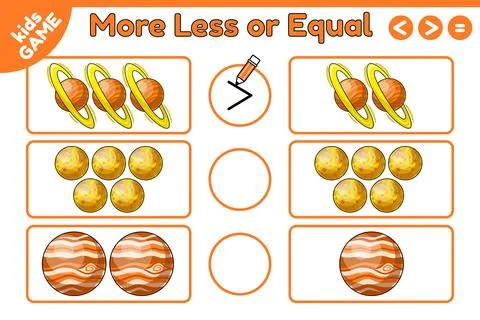 Math kids game More less or equal with planets Stock Illustration