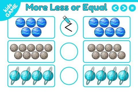 Math kids game More less or equal with planets Stock Illustration