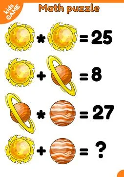 Math kids game space puzzle with cartoon planets Stock Illustration