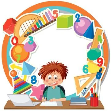 Math Learning Tools: Cartoon Boy Studying on Circle Banner Stock Illustration
