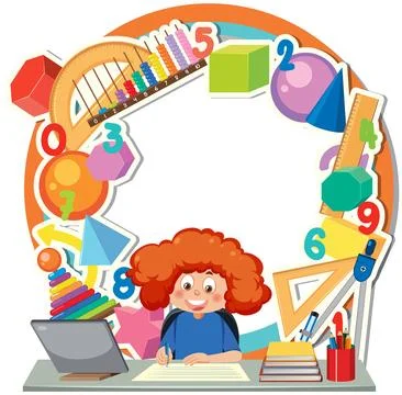 Math Learning Tools: Cartoon Girl Studying on Circle Banner Stock Illustration