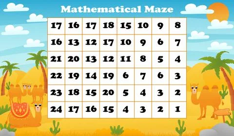Math maze game for children with cute animal camel in desert printable worksh Stock Illustration
