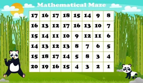 Math maze game for children with cute animal panda eating bamboo in forest pr Stock Illustration