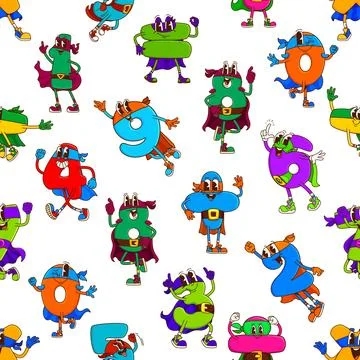 Math number groovy superhero characters pattern Stock Illustration