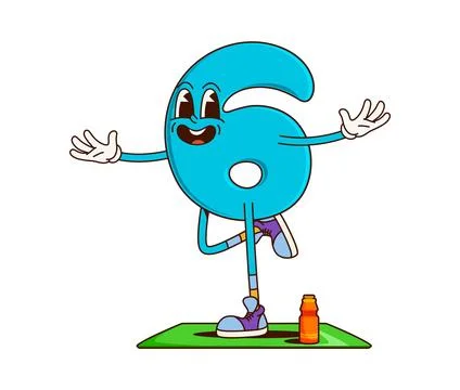 Math number six groovy happy character on fitness Stock Illustration