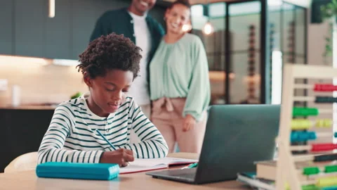 Math, online class and child on laptop in home for elearning, studying and Stock Footage 301370794