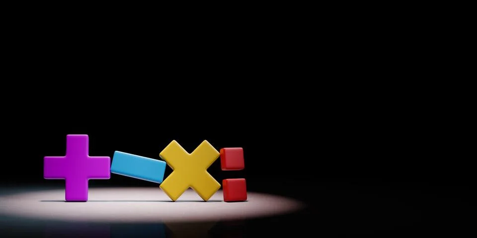 Math Operators Symbol Spotlighted on Black Background 3D Illustration Stock Illustration