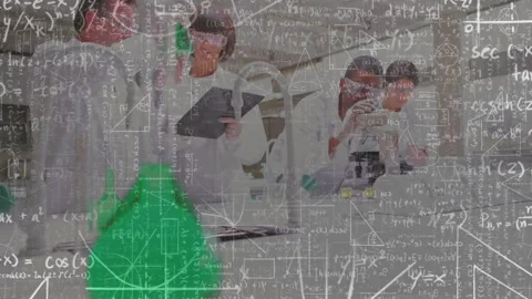 Math overlay fading, research team discussing, recording on tablet, using Stock Footage 328469384