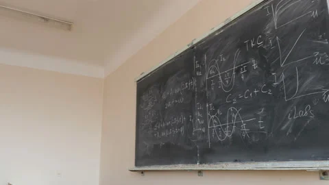 Math physics formulas and graphics are written by chalk on blackboard Stock Footage 91899727