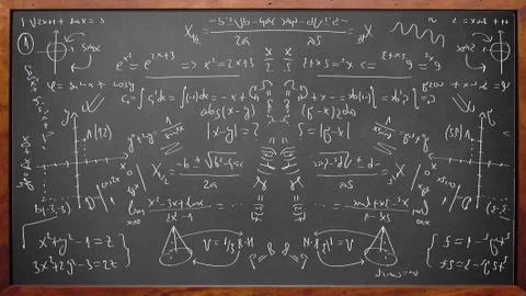 Math physics formulas on chalkboard Stock Photos