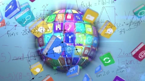 Math problems and app icons animate on a green backdrop with a globe. Stock Footage 328087262