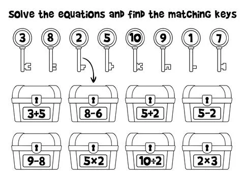 Math puzzle for kids - solve the equations and find matching keys for treas.. Stock Illustration