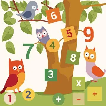 A math puzzle with a number 1 and an owl on the tree. Stock Illustration