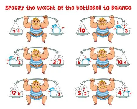 Math puzzle. Specify the weight of the kettlebell to balance. Educational g.. Stock Illustration
