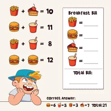 Math riddle for kids. Solve food equations and fill in the bill total Stock Illustration