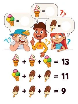 Math riddle for kids. Solve ice-cream equations and complete the sums. Stock Illustration