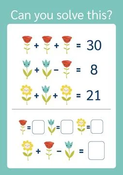 Math riddle, vector format. Find the answer, picture equations. Brain teaser Stock Illustration