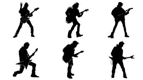 Math Rock Guitarist in Technical Tapping Poses Silhouettes Stock Illustration