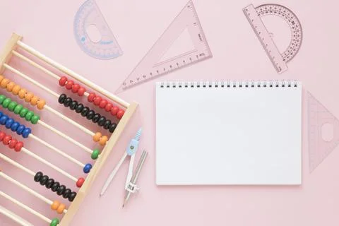 Math rulers supplies with abacus empty notebook . High quality and resolution Stock Photos