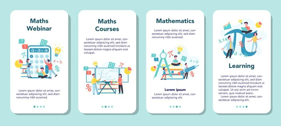 Math school subject mobile application banner set. Learning Illustrazione stock