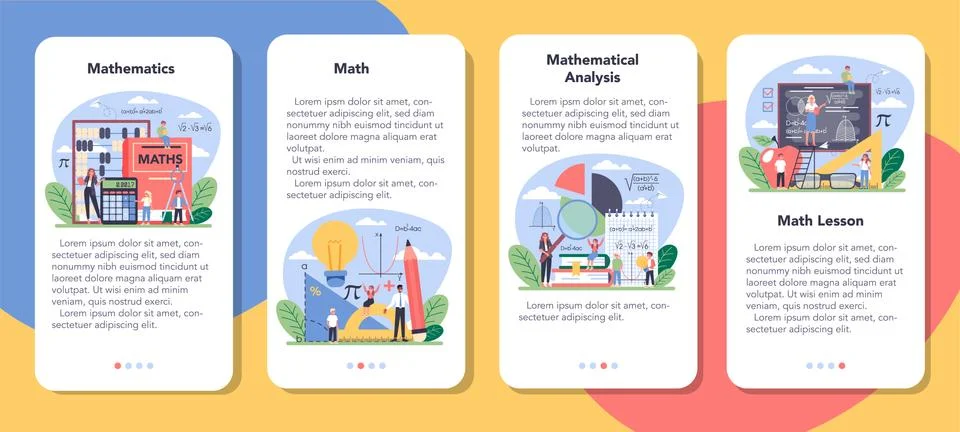 Math school subject mobile application banner set. Learning mathematics Stock Illustration