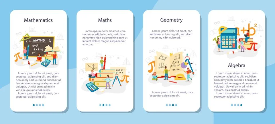 Math school subject mobile application banner set. Learning mathematics, Stock Illustration