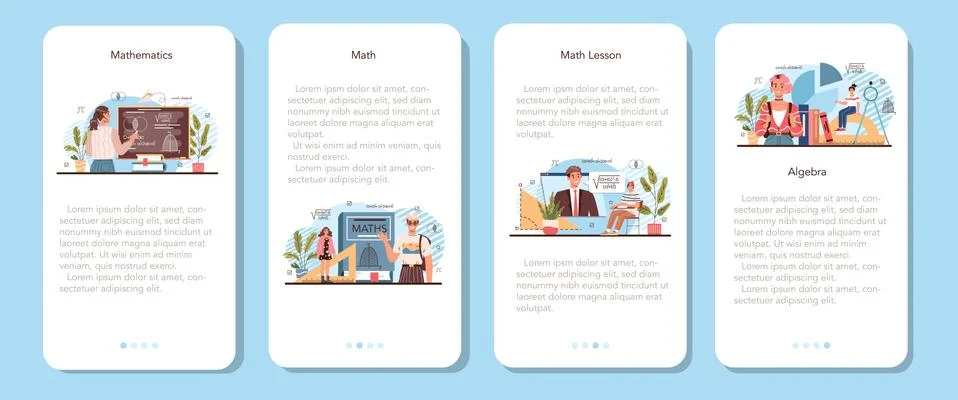 Math school subject mobile application banner set. Students studying Stock Illustration