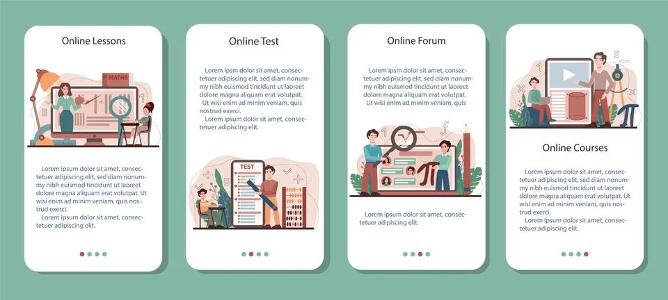 Math school subject mobile application banner set. Students studying Stock Illustration