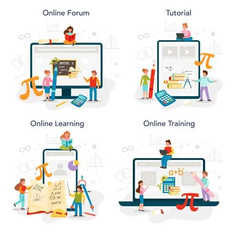 Math school subject online service or platform set. Learning mathematics, Stock Illustration