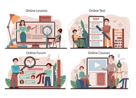 Math school subject online service or platform set. Students studying Stock Illustration