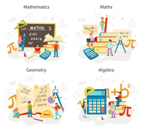 Math school subject set. Learning mathematics, geometry and algebra Stock Illustration