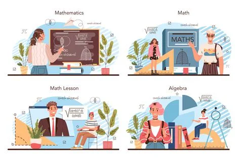 Math school subject set. Students studying mathematics and algebra Stock Illustration