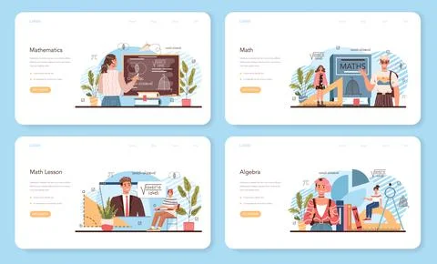 Math school subject web banner or landing page set. Students studying Stock Illustration