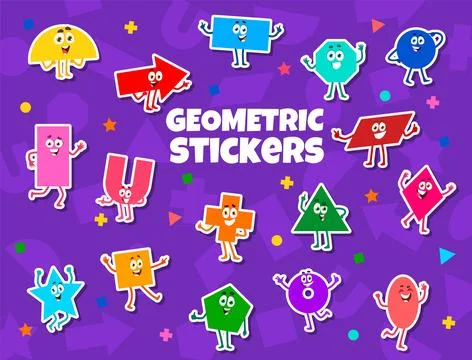 Math shape cartoon characters stickers pack Stock Illustration