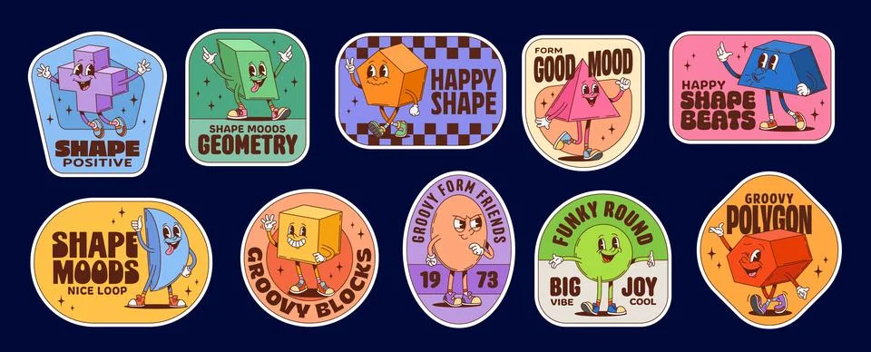 Math shape characters Christmas groovy stickers Stock Illustration