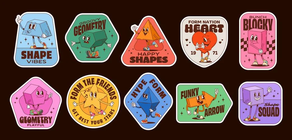 Math shape characters Christmas groovy stickers Stock Illustration