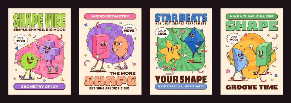 Math shape groovy characters retro y2k posters Stock Illustration