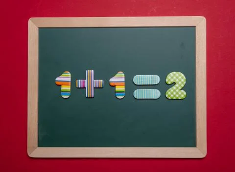 Math simple addition equation on green board with wooden frame, red backgroun Stock Photos