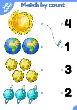 Math space game Add planets and match with number Stock Illustration