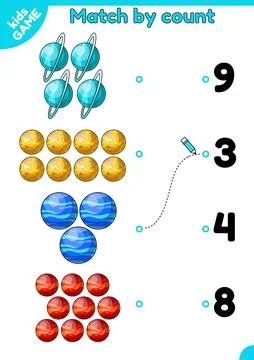 Math space game Add planets and match with number Stock Illustration
