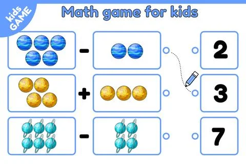 Math space game Count planets and choose number Stock Illustration