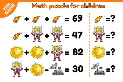 Math space game puzzle for training kids Stock Illustration
