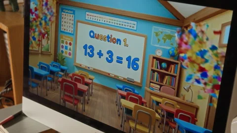 Math Sums Game for Young Kids Playing on Home Computer Screen Stock Footage 334972813