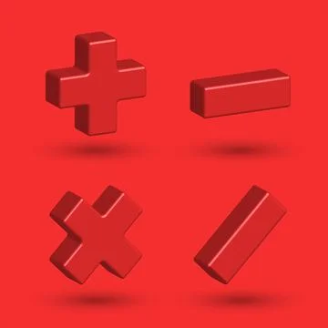 Math symbols 3d isometric shape, plus minus multiply divide mathematics signs Stock Illustration