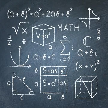 Math symbols and equations drawn on chalkboard Stockillustratie