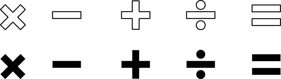 Math Symbols Icon Set. Mathematic Minus Plus Equal multiplication, division.. Stock Illustration