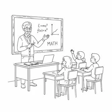 Math teacher and students in classroom with laptops line drawing Silhouette Stock Illustration