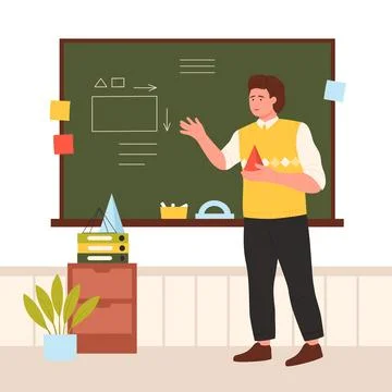 Math teacher teaching at school board, man pointing at chalkboard, holding Stock Illustration